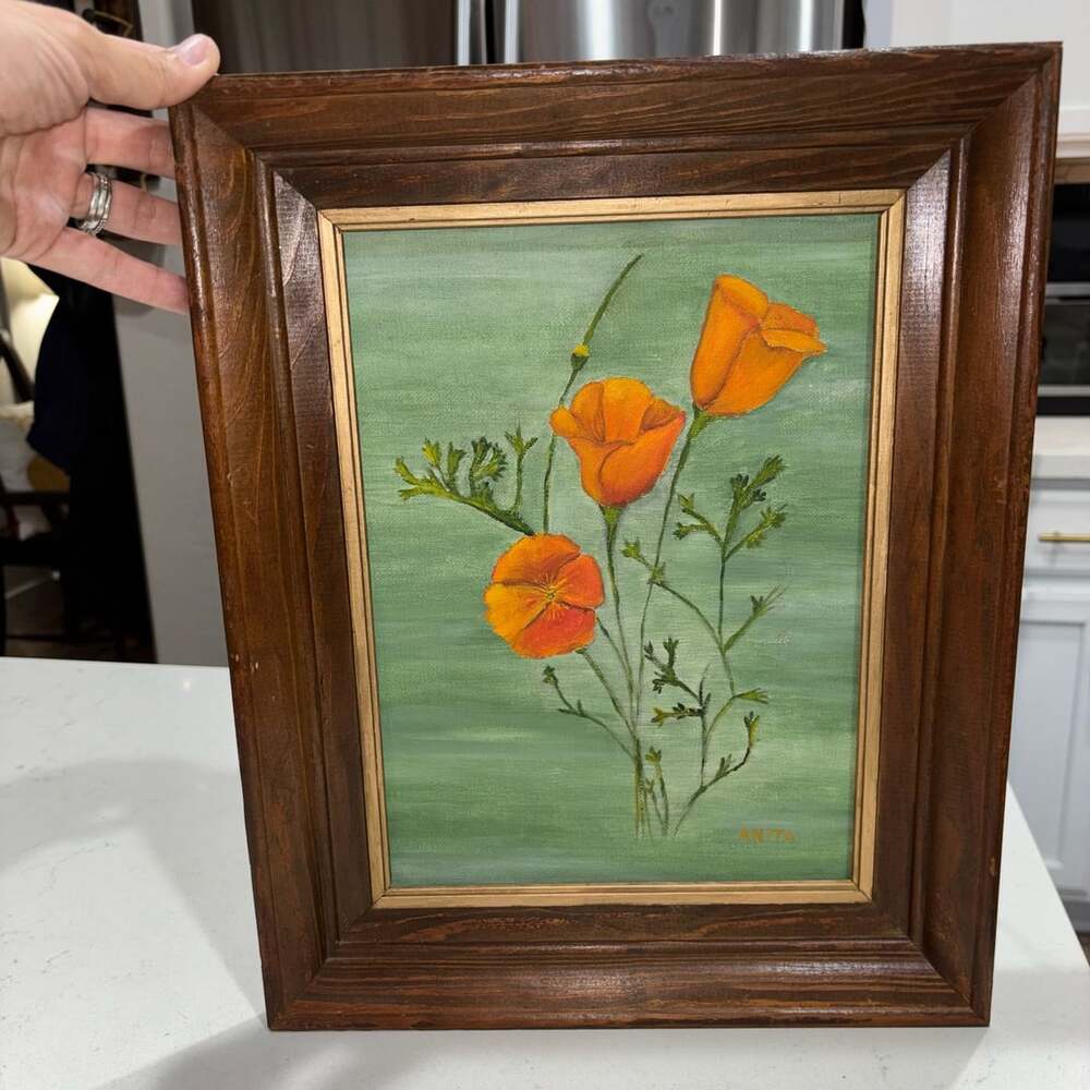 Original Painting California Poppies 9"x12" Vintage Wood and Gold Gilt Frame